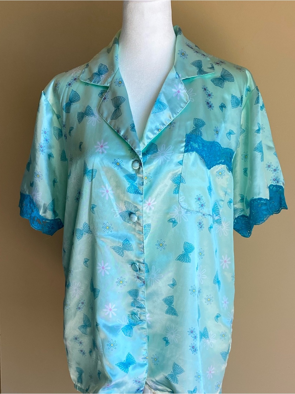 S. Heavenly Mint Satin Butterfly Pajama Top